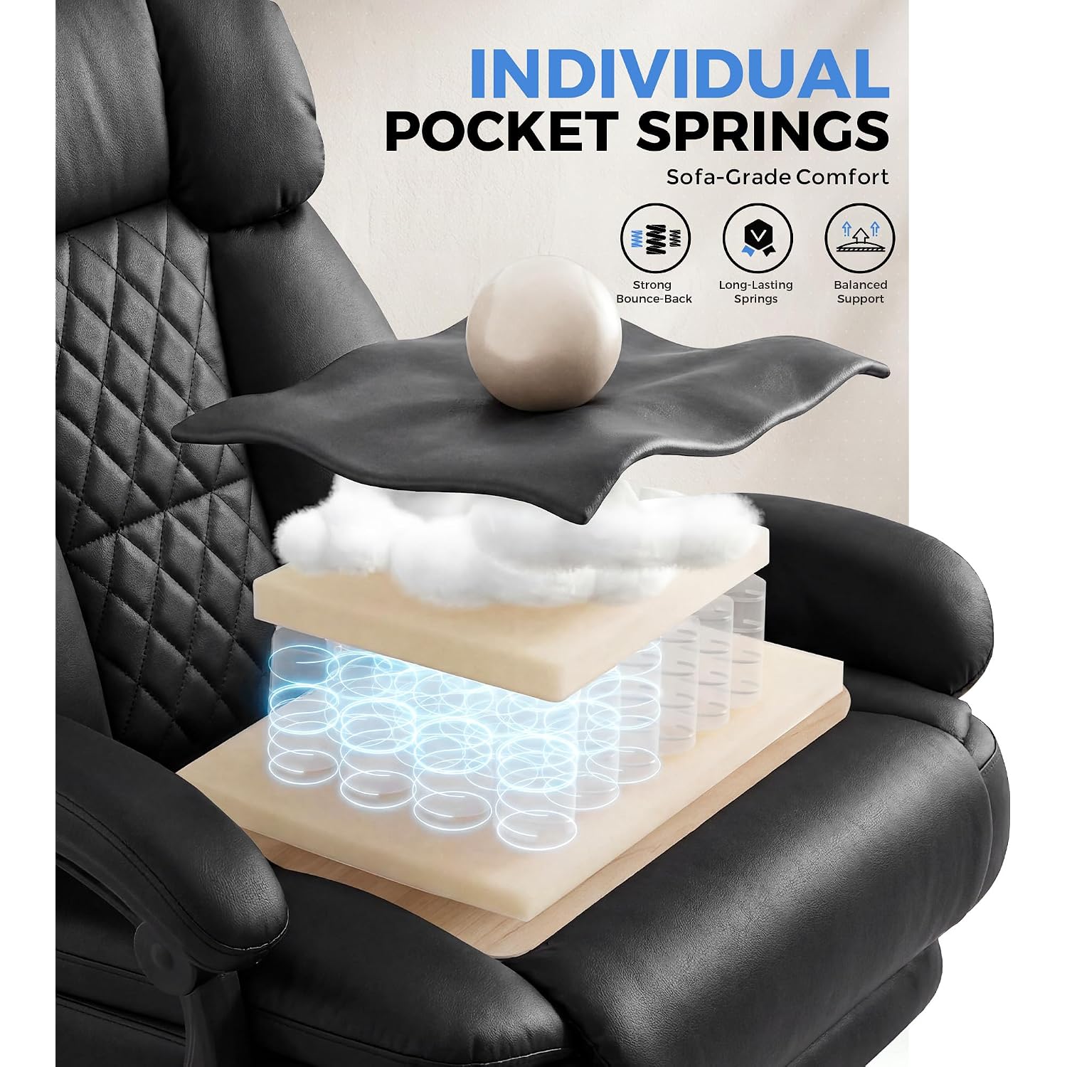 Gtplayer Executive Office Chair Big And Tall Leather Gaming Chair With Pocket Spring Cushion & Ergonomic Lumbar Support For Lower Back Pain Relief, Comfy Desk Chair With Footrest, Matte-Black