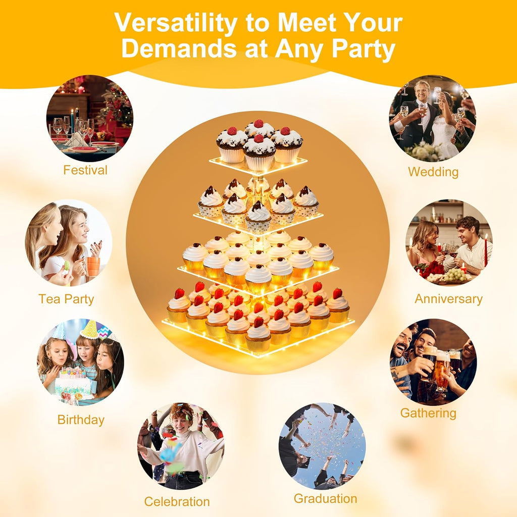 YestBuy Cupcake Stand with Yellow Led Lights, 4 Tier Cupcake Stand for 50 Cupcakes, Acrylic Cupcake Tower Stand, Clear Tiered Cupcake Holder for Birthday Cady Bar Décor Weddings, Parties Events