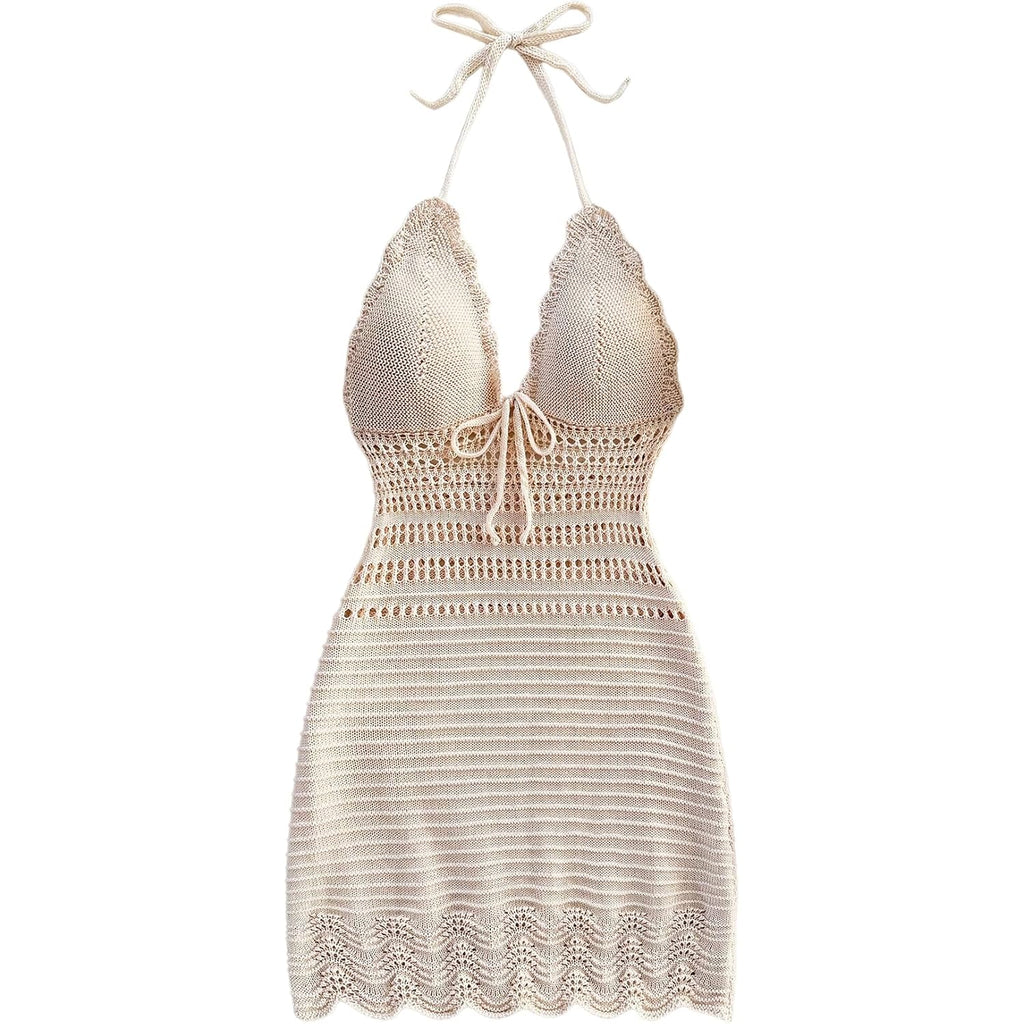 Gorglitter Women'S Crochet Halter Mini Dress Boho 90S Bow Tie Backless Bodycon Knit Festival Western Cowgirl Country Dresses