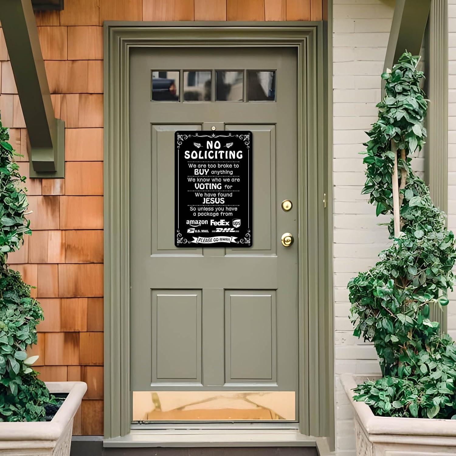Humorous No Soliciting Sign For Front Door - Funny "We'Re Voting For Jesus" Metal Sign For House - Perfect Decorative Sign To Discourage Unwanted Visitors, 8 X 12 Inch (269)