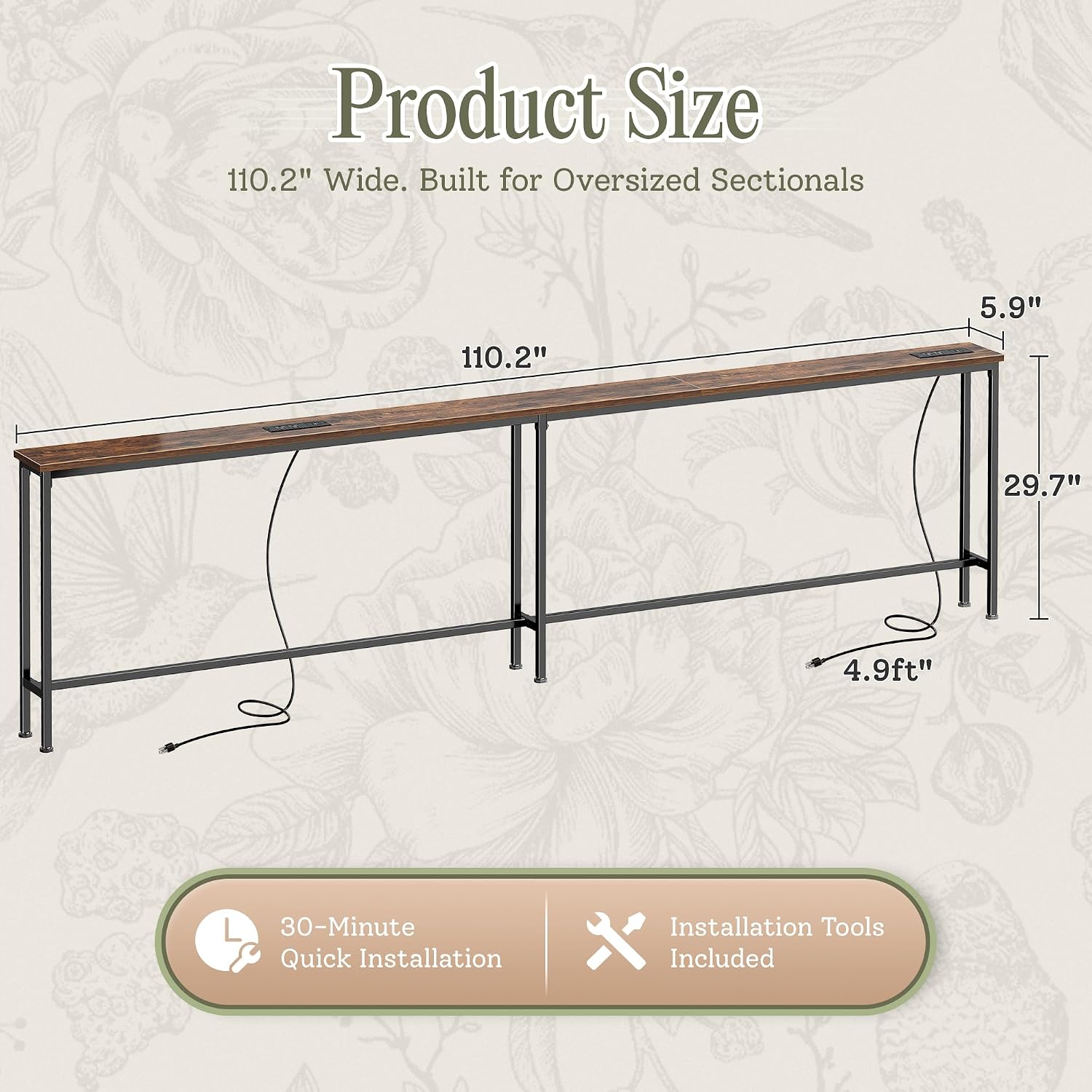 Huuger 110.2 Inch Behind Couch Table With 2 Power Outlets And Usb-C Ports, Extra Long Narrow Sofa Table For Sectional Sofa, Skinny Console Table With Anti-Bump Pads, For Living Room, Rustic Brown