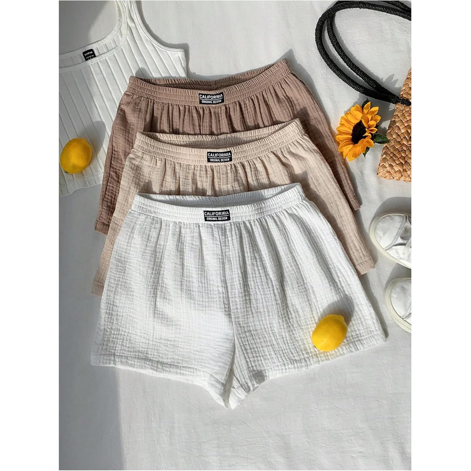 Women's Summer Shorts 3 Packs Elastic Waist Wide Leg Casual Cotton Shorts Sets
