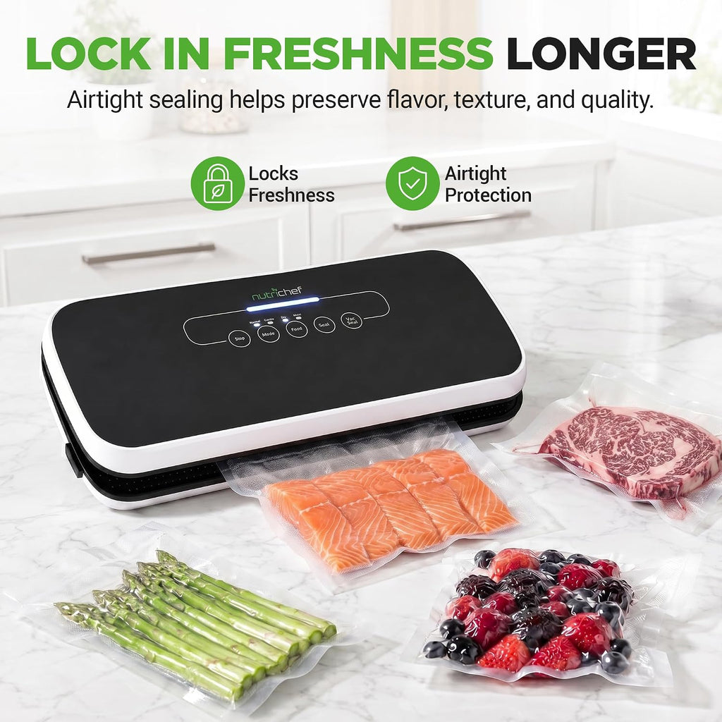 Nutrichef Automatic Vacuum Air Sealing System For Food Preservation With Starter Kit, Compact Design, Lab Tested, Dry & Moist Food Modes With Led Indicator Lights, Black