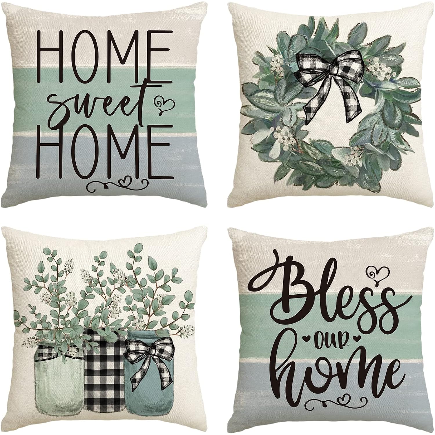 AVOIN colorlife Fall Sweet Home Eucalyptus Lamb Ear Wreath Throw Pillow Covers, 18 x 18 Inch Bless Our Home Buffalo Plaid Cushion Case for Sofa Couch Set of 4