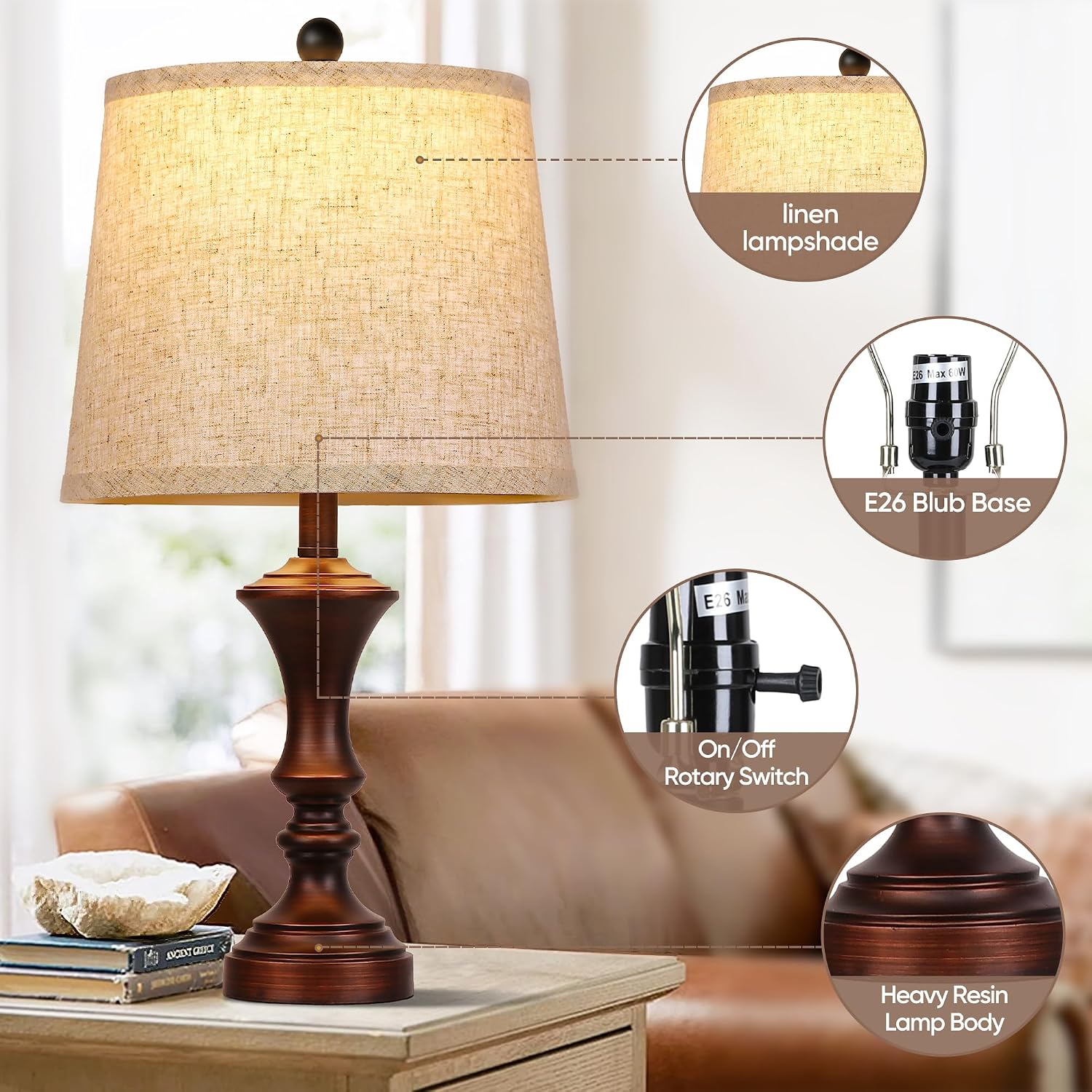 Rottogoon Retro Table Lamps Set Of 2 Nightstand Lamp For Bedroom Vintage Rustic Table Lamps For Living Room Traditional Nightstand Bedside Lamps Bulb Not Included