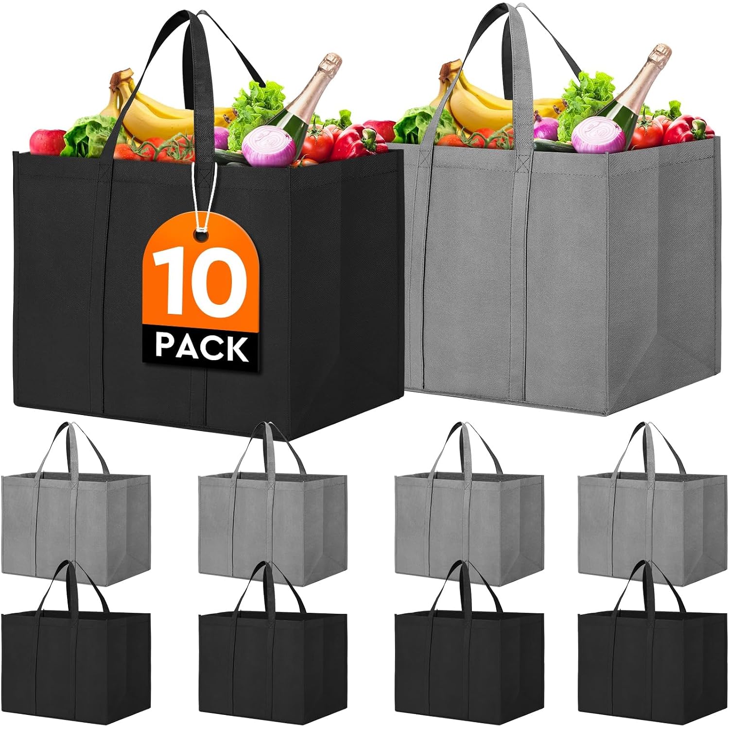 Wiselife Reusable Grocery Shopping Bags 10 Pack Large Foldable Tote Bags Bulk, Eco Produce Bags With Long Handle For Shopping Groceries Clothes (Grey&Black)