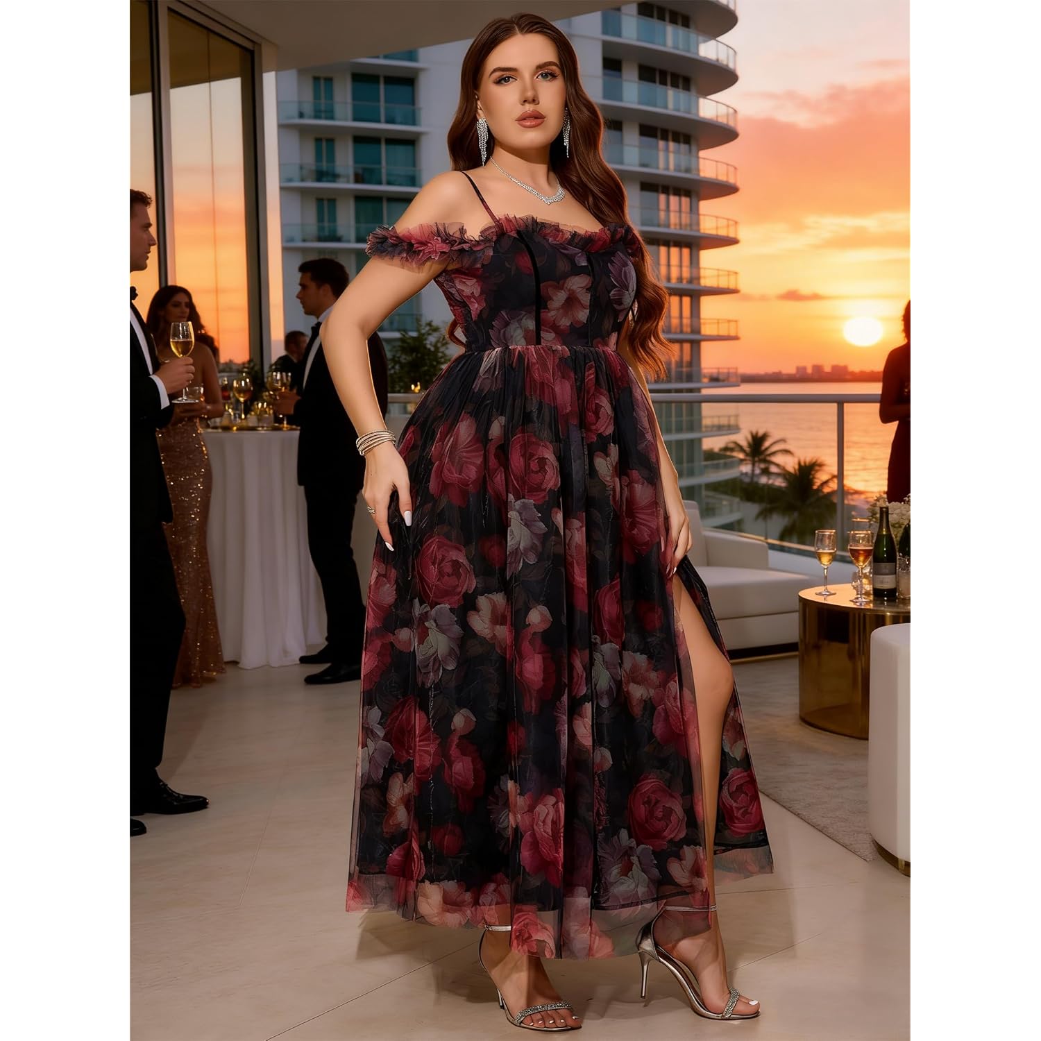 Eywol Plus Size Formal Cocktail Party Dress, Wedding Guest Evening Gown With Slit