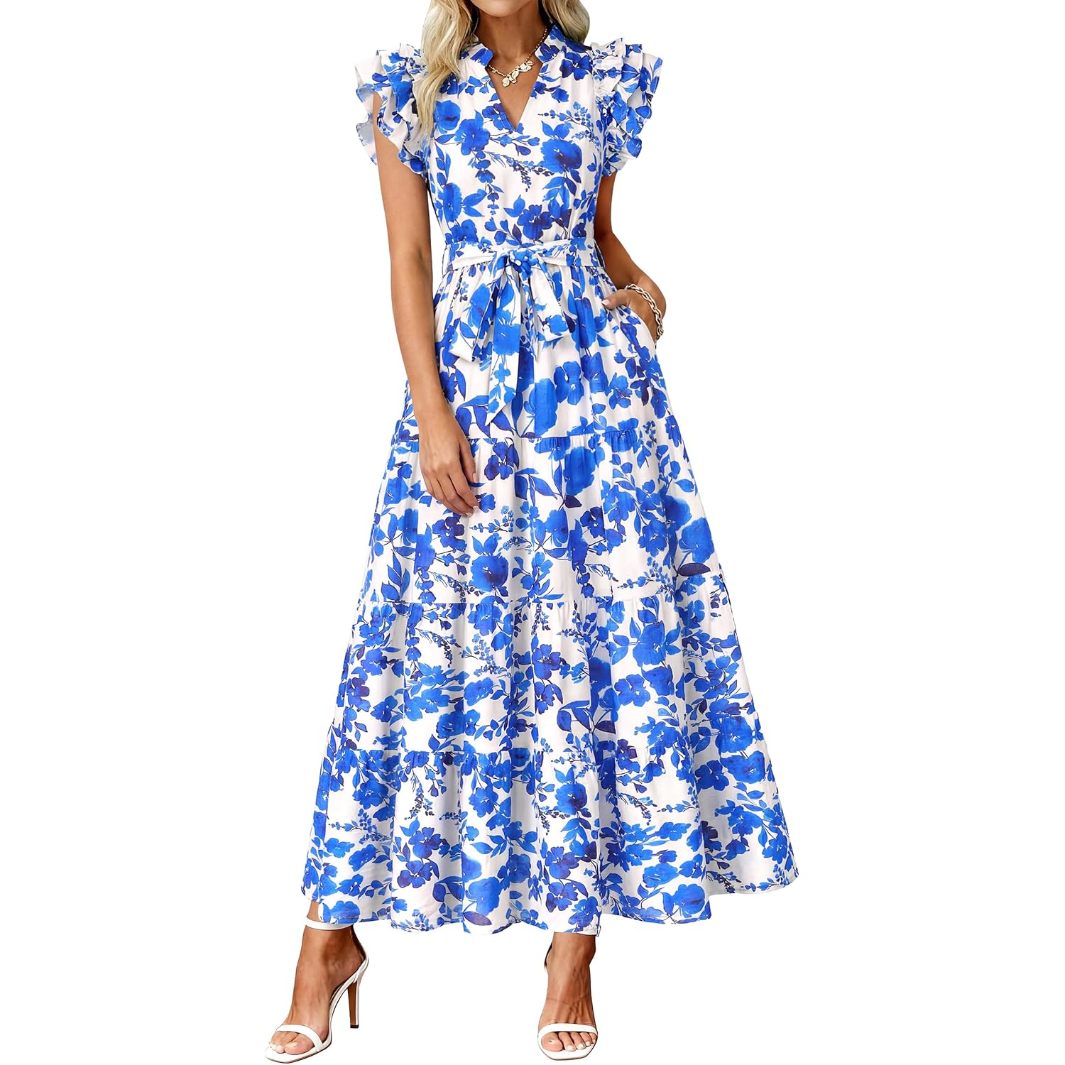 Dowerme Women Summer Maxi Dresses 2026 Ruffle Sleeve V Neck Floral Boho Long Dress Belted Tiered Sundress With Pockets