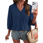LOMON Womens 3/4 Sleeve V Neck Boho Peasant Blouses Dressy Casual Breathable Soft Tunic Tops with Button Cuffs
