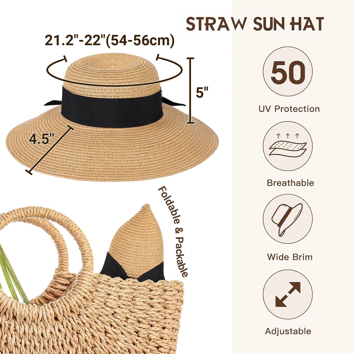 Beach Hat for Women, Wide Brim Sun Straw Hats for Women, Sun Hat Womens UPF 50+ UV Protection, Floppy Foldable Summer Hats