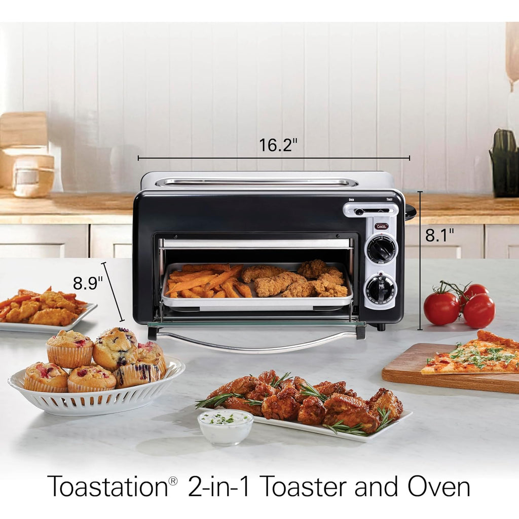 Hamilton Beach 2-In-1 Countertop Toaster Oven & Long Slot 2 Slice Toaster | Versatile Toasting & Baking | Auto Shut Off | Shade Selector & Temperature Control |Compact Retro Design | Black | 22725