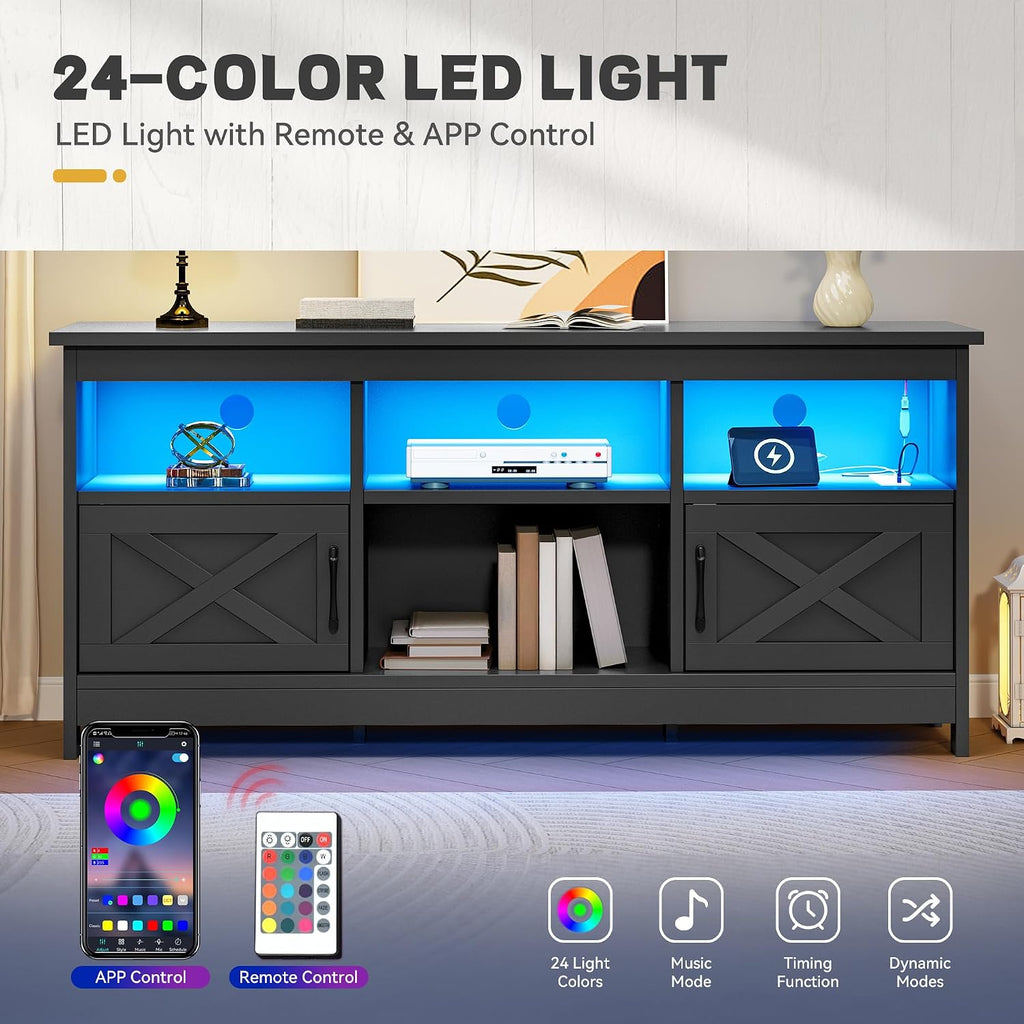 Yitahome 59" Tv Stand With Power Outlet & Led Light For 65 Inch Tvs, Black | Farmhouse Entertainment Center With Storage Cabinets, Media Console Living Room Furniture