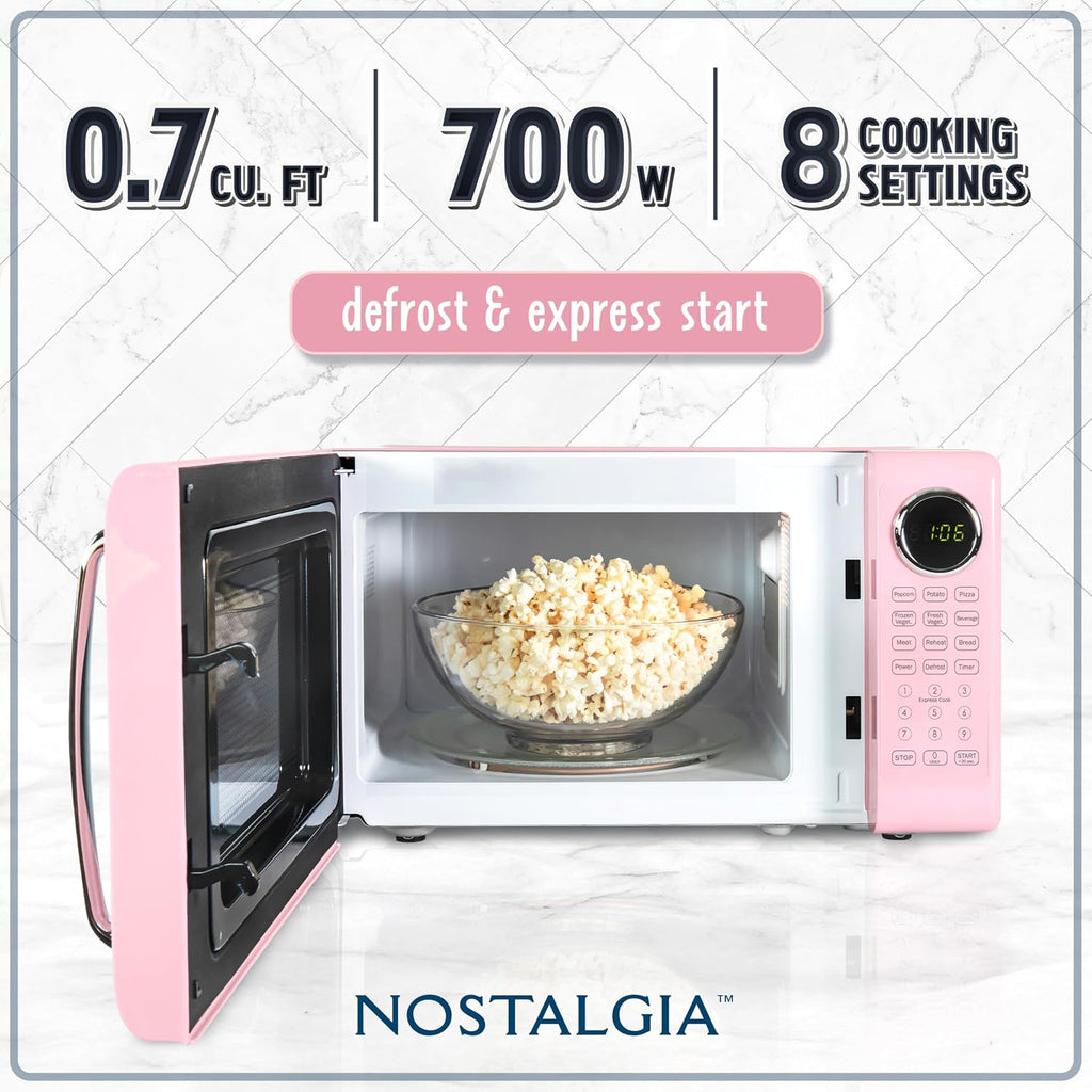 Nostalgia Retro Microwave Oven - 0.7 Cu Ft, 700-Watt Countertop Size With Glass Turntable, Child Safety Lock, 8 Auto-Cook Programs, Digital Clock - Pink