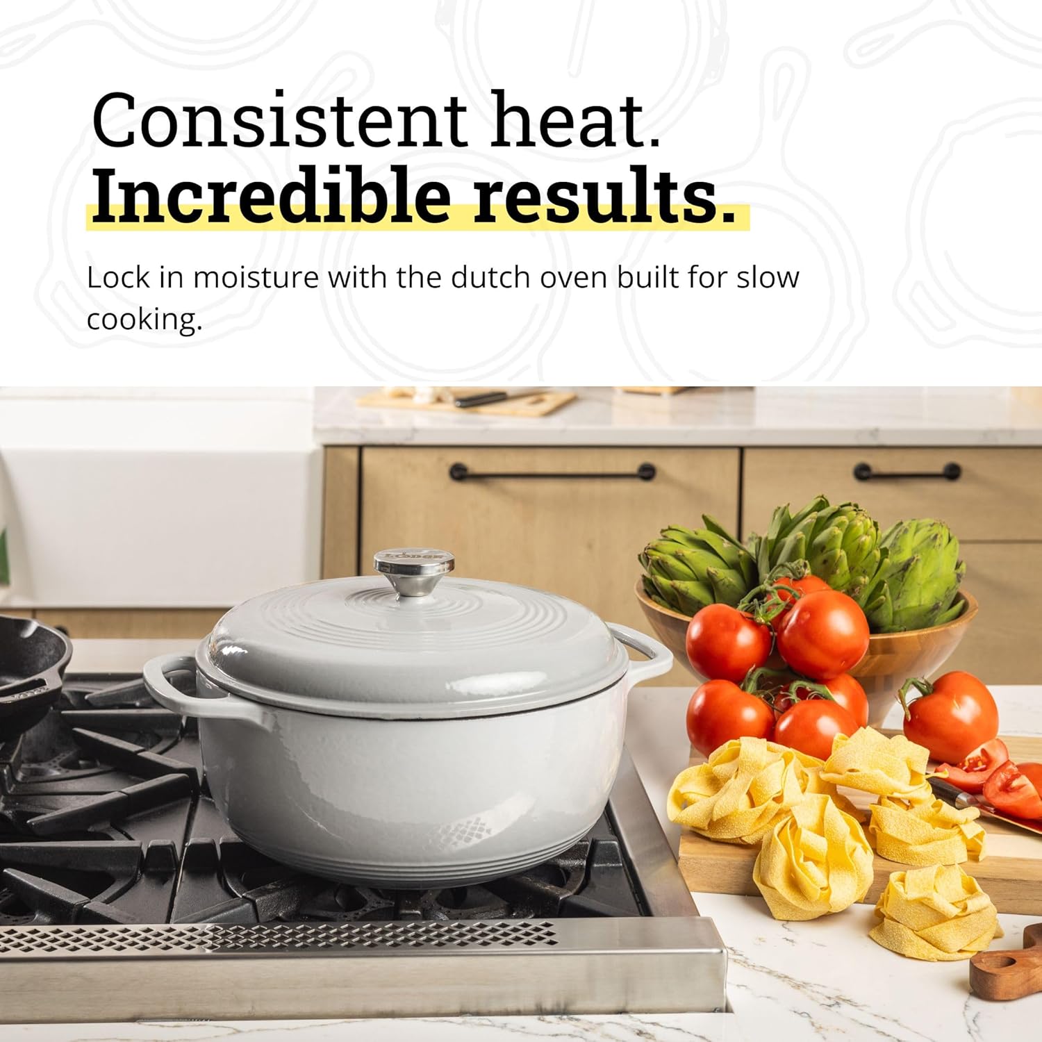 Lodge Essential Enamel Cast Iron Dutch Oven 6 Quarts - Perfect for Bread Baking, Braising, Marinating & Slow Cooking, Features Moisture-Sealing Lid & Dual Handles, Kitchen Essentials, Oyster White