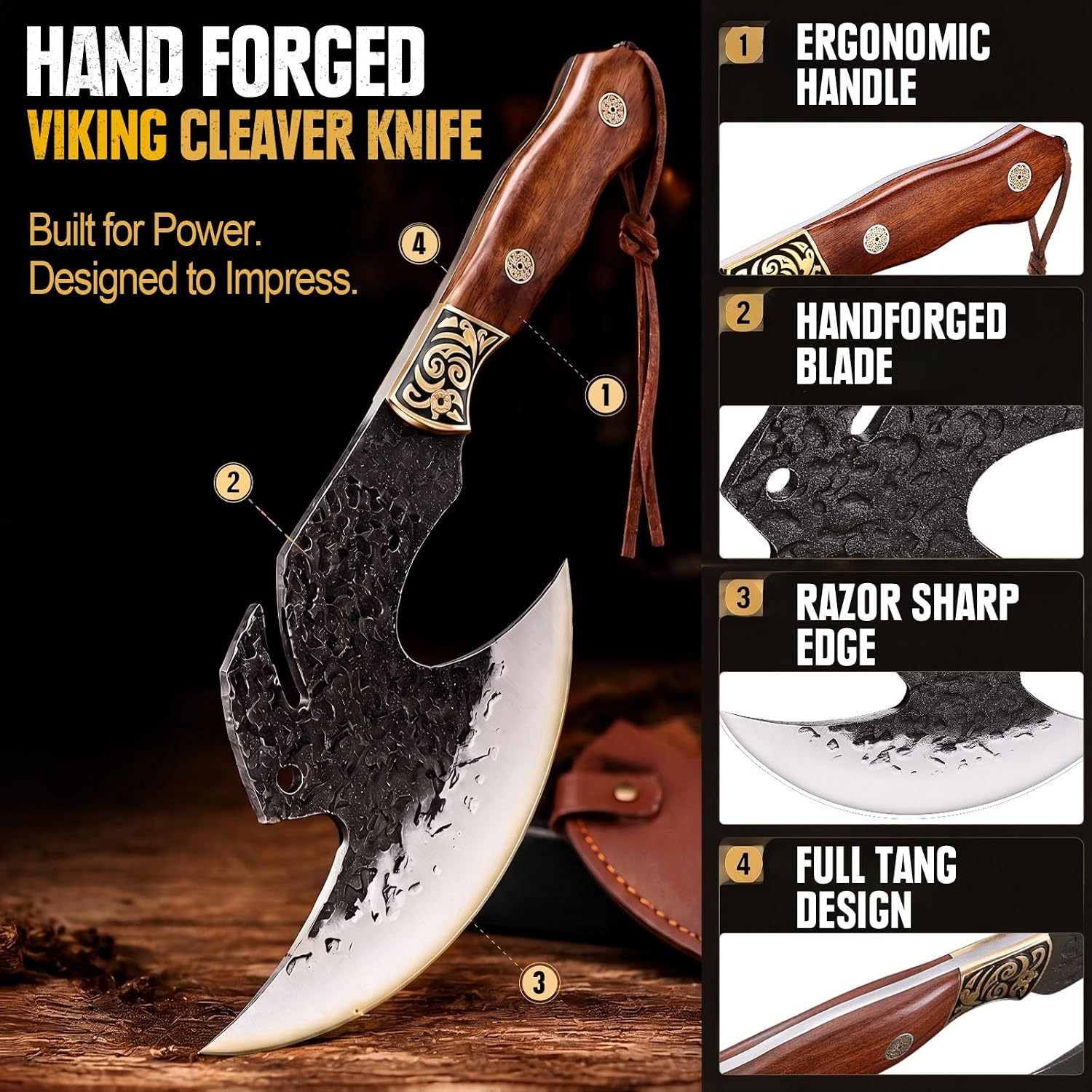 Hand Forged Viking Knife 6.2" Meat Cleaver With Sheath, Chinese Kitchen Axe Boning Knife For Meat Cutting, High Carbon Steel Butcher Knife Home Outdoor Bbq Camping Birthday Gifts For Men Dad