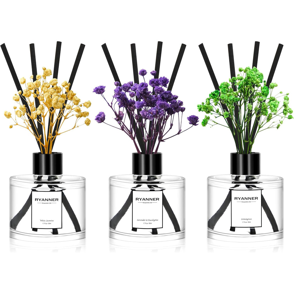 Reed Diffuser Set Of 3 Pack,Lavender Eucalyptus/White Jasmine/Lemongrass Scented Oil Diffuser With 24 Sticks(1.7 Fl Oz Each Pack),Air Freshener For Bedroom Bathroom Office | Shelf Decor