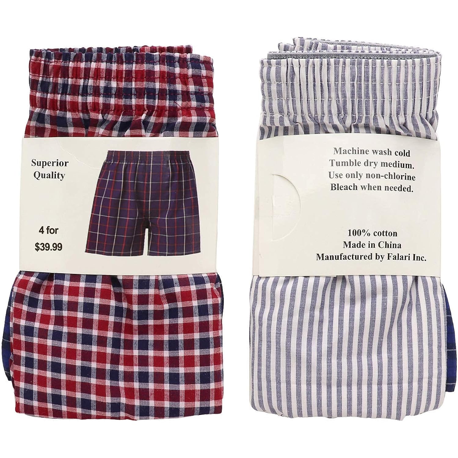 Falari 4-Pack Men'S Boxer Underwear, 100% Cotton, Premium Quality, One-Button Fly