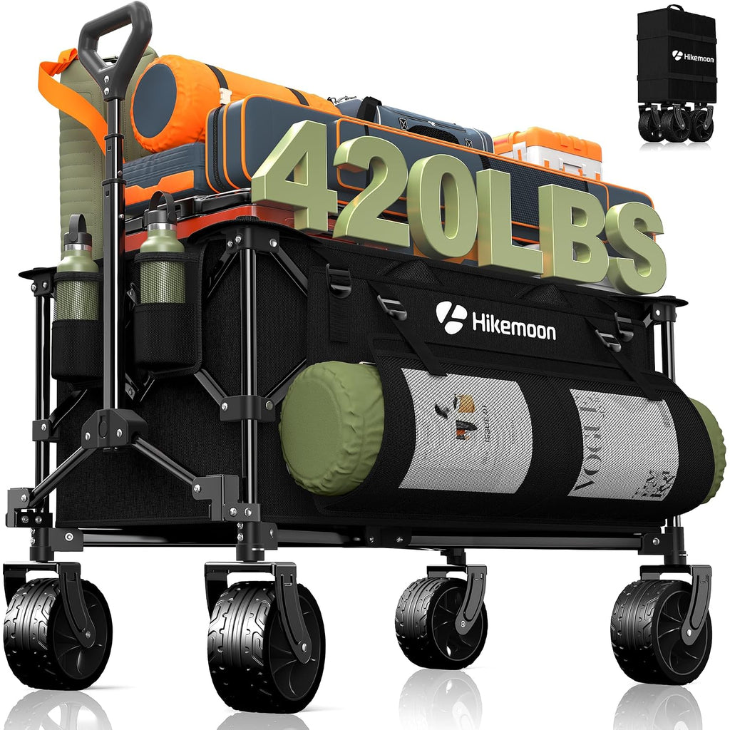 150L Collapsible Wagon Compact With Big Wheels, 420Lbs Black | Wagons Carts Foldable, Heavy Duty, Portable, All-Terrain, Utility Folding Cart For Shopping/Beach/Garden/Camping/Sports