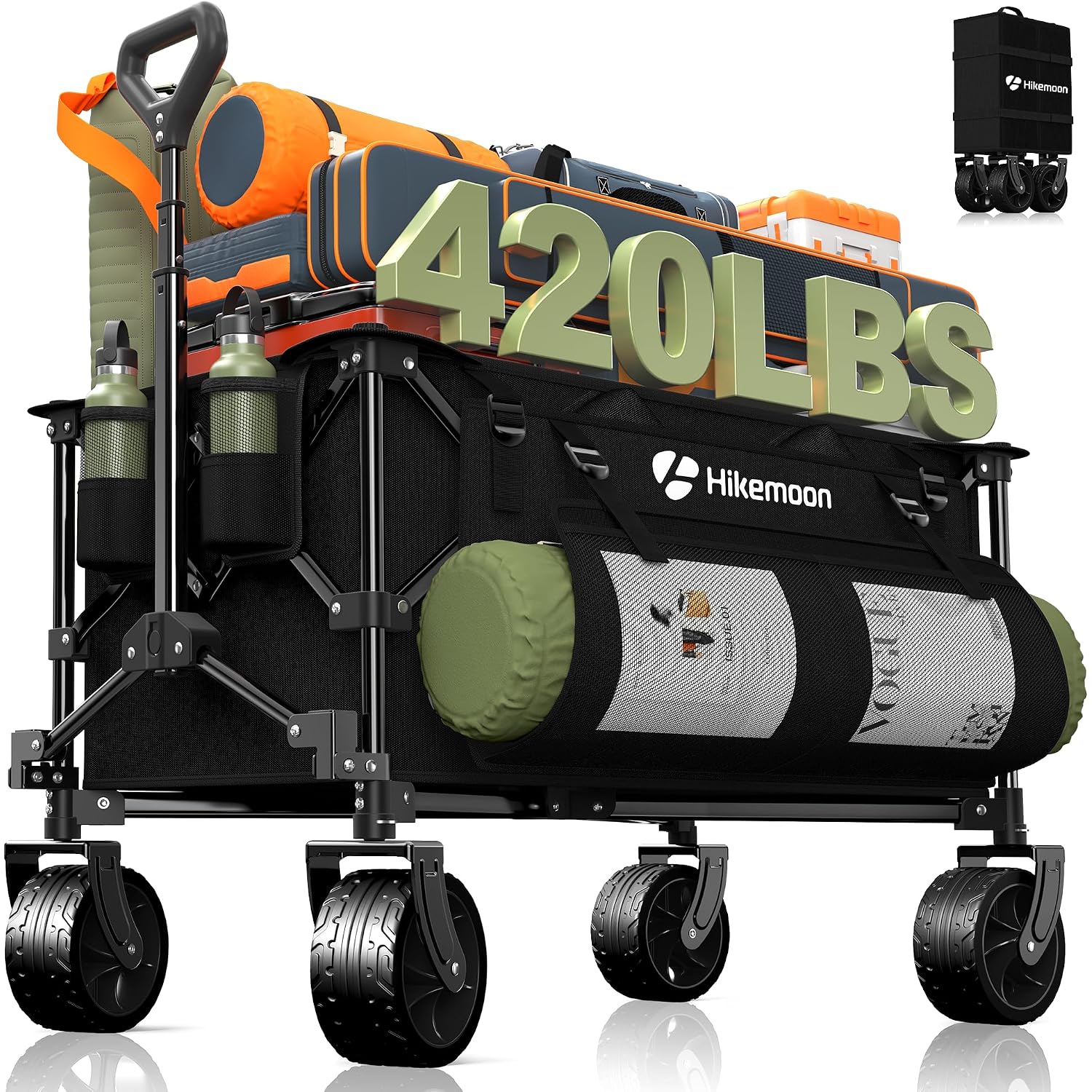 150L Collapsible Wagon Compact With Big Wheels, 420Lbs Black | Wagons Carts Foldable, Heavy Duty, Portable, All-Terrain, Utility Folding Cart For Shopping/Beach/Garden/Camping/Sports