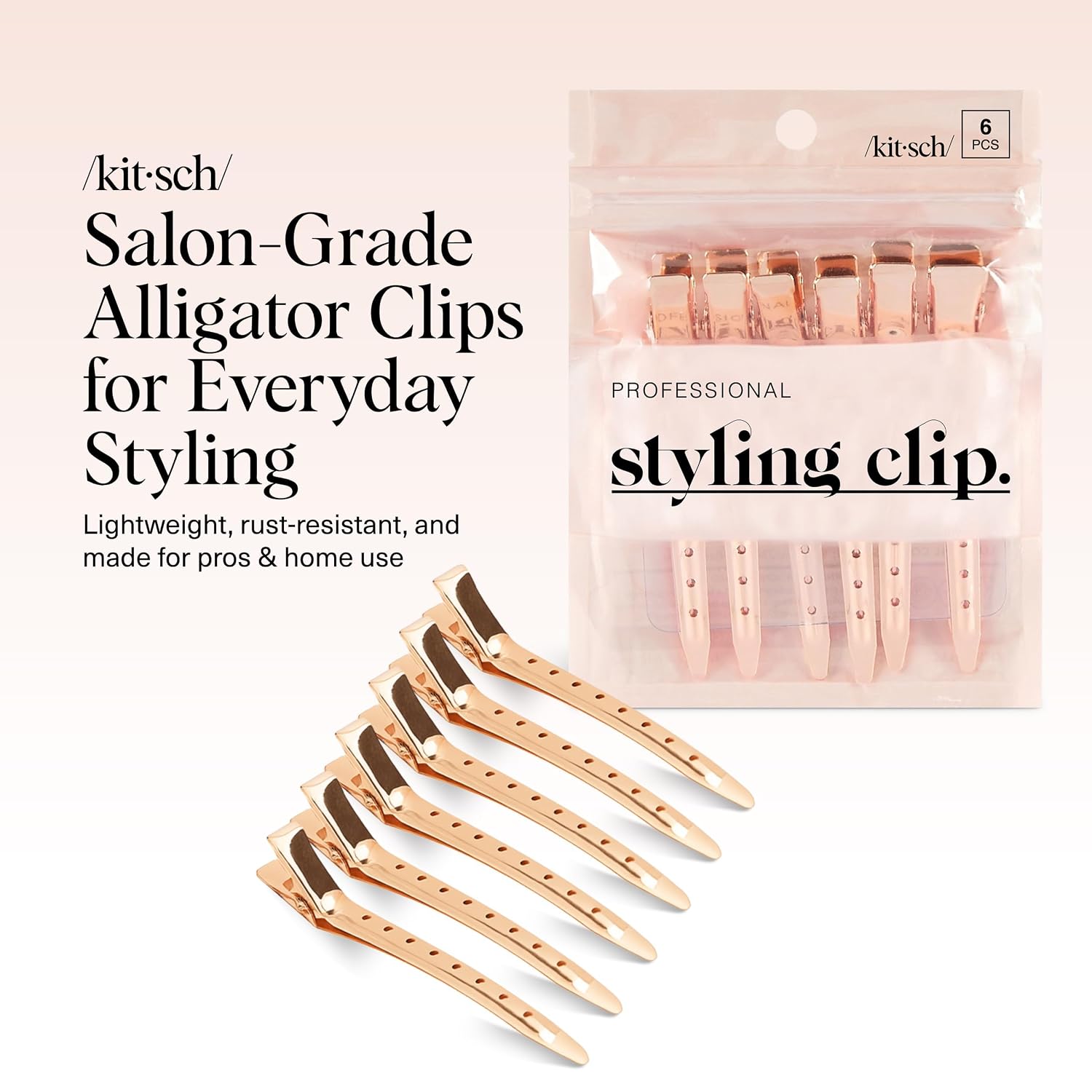 Kitsch Professional Alligator Clips - 3.5" Aluminum Duckbill Hair Clips For Styling | Great For Salon & Makeup Application - Rose Gold, 6 Pcs
