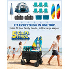 Hikenture Beach Wagon With Balloon Wheels, 9" Pu Tires Collapsible Wagon | 440Lbs Heavy Duty Beach Cart With Big Wheels For Sand, Large Capacity Utility Wagons Carts Foldable