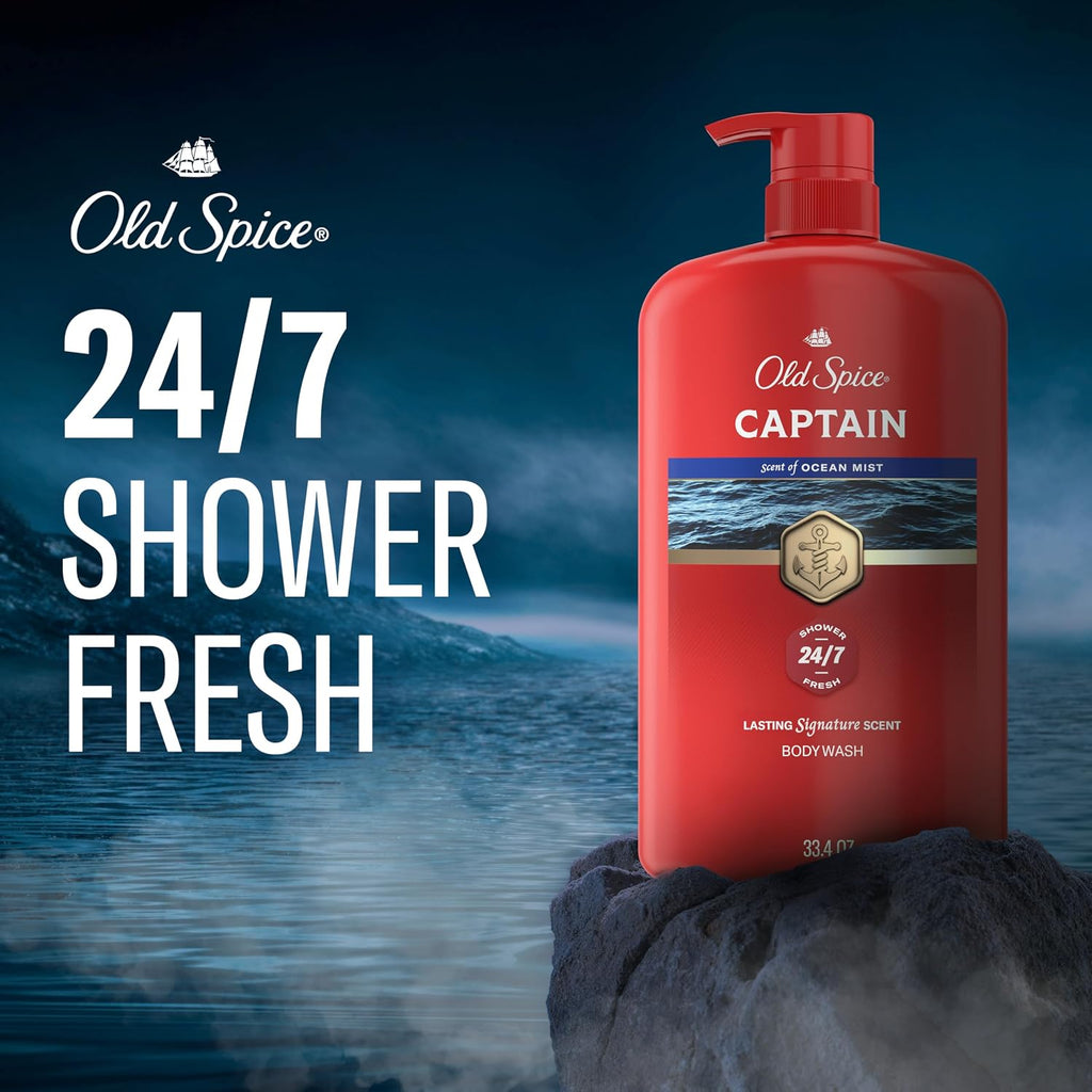Old Spice Refreshing Body Wash For Men, 3X Defense, 24/7 Shower Fresh With Long Lasting Scent, Red Collection, Captain With Bergamot Scent, 33.4 Oz