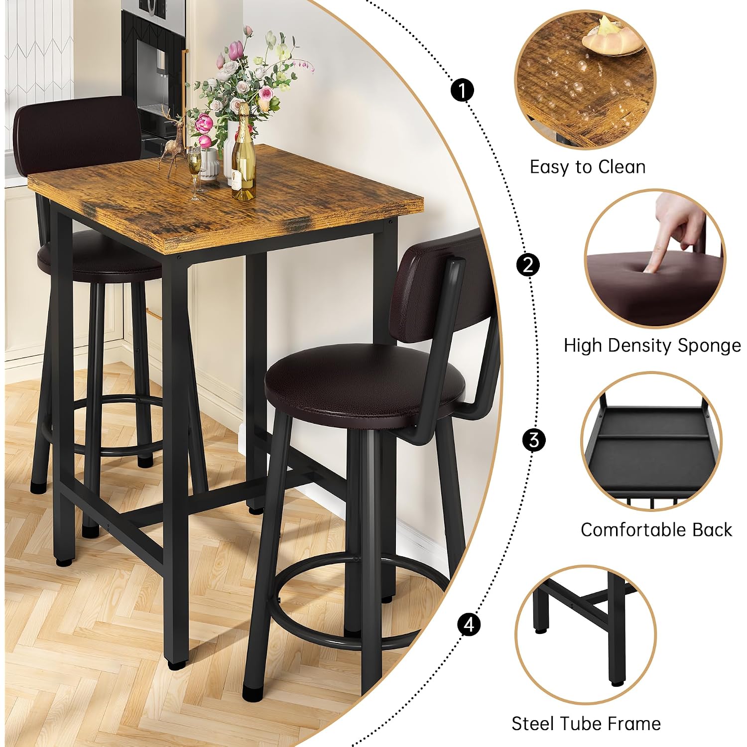 Recaceik 3 Piece Pub Dining Set, Modern Bar Table And Stools For 2 Kitchen Counter Height Wood Top Bistro Easy Assemble For Breakfast Nook Living Room Small Space Restaurant