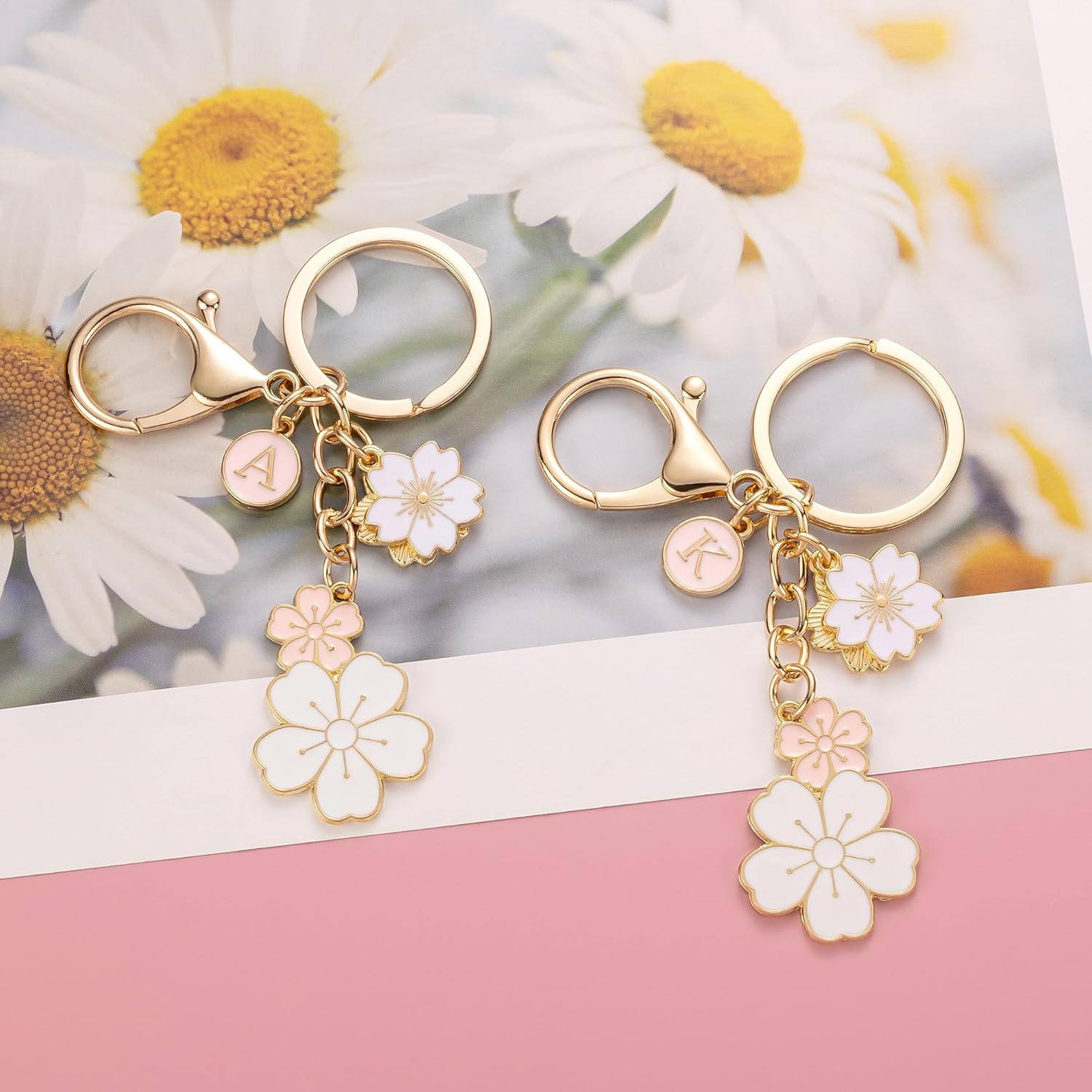 SELOVO Initial Keychain Flower Charms for Key Cute Pink Letter Keyring for Backpack