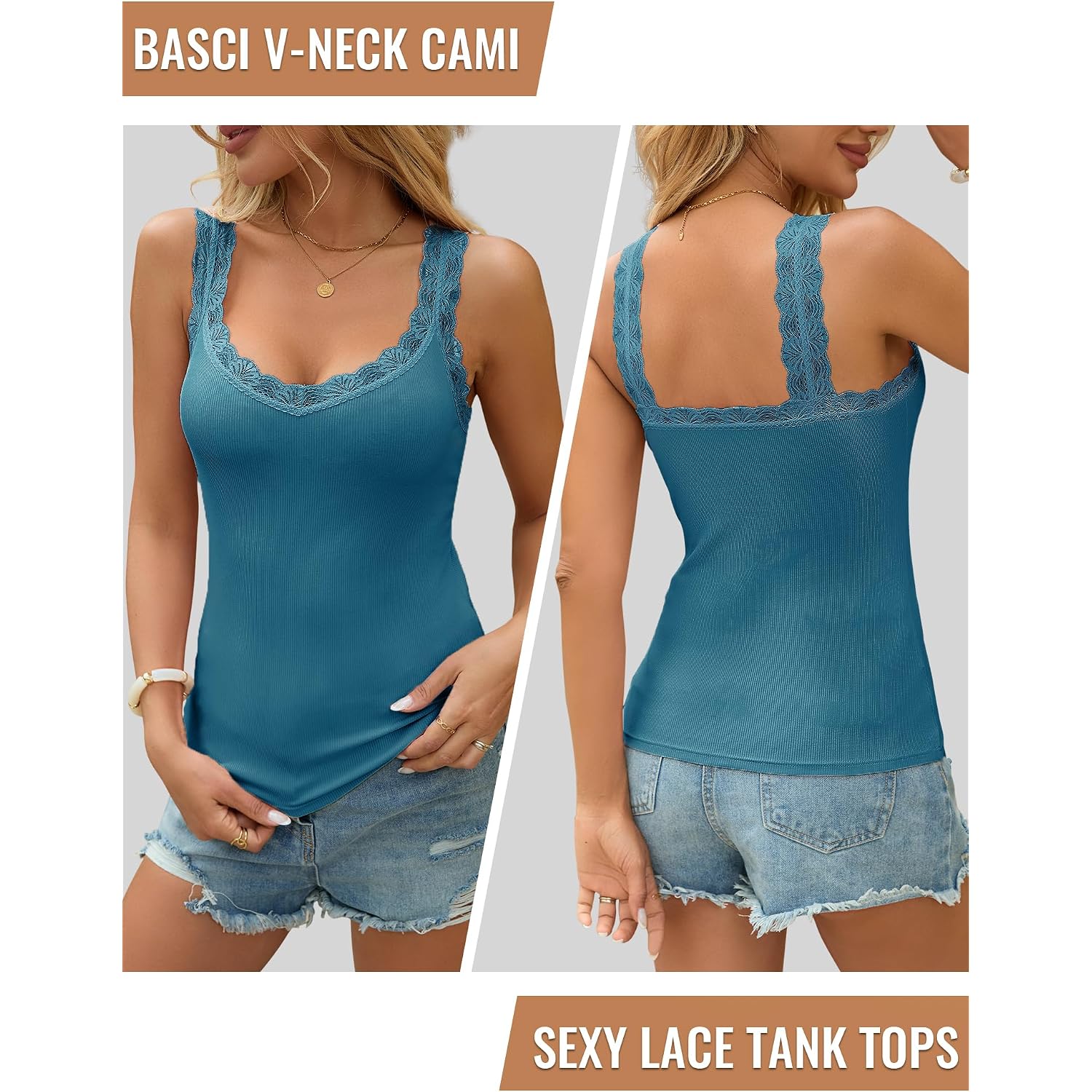 Lace Camisole Tank Tops for Women V Neck Wide Strap Soft Ribbed Lace Trim Cami
