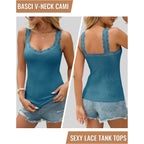 Lace Camisole Tank Tops for Women V Neck Wide Strap Soft Ribbed Lace Trim Cami