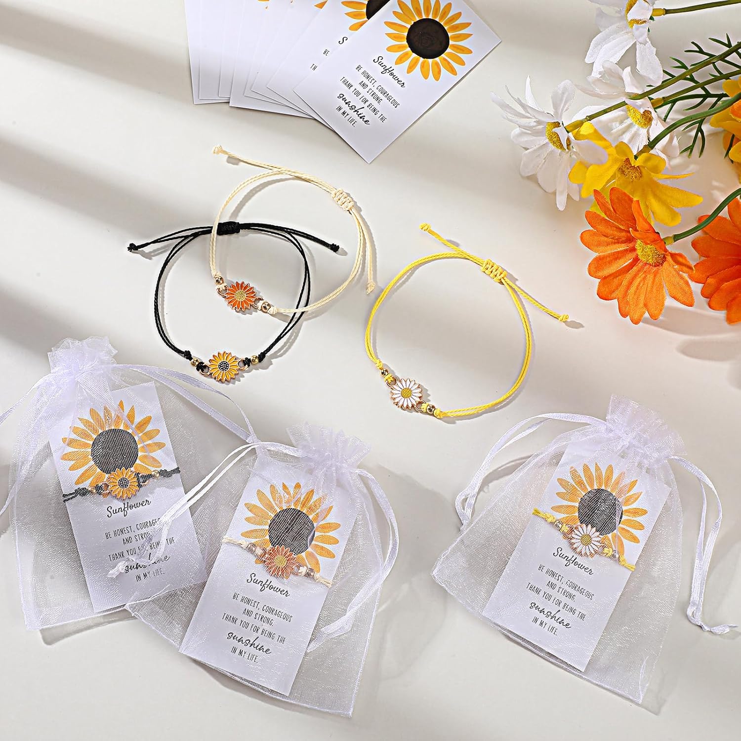 Huquary 36 Set Mother's Day Inspirational Gifts Bulk Sunflower Bracelets for Women with Thank You Cards for Mom Employee Friend Daisy Sunshine Party Favors