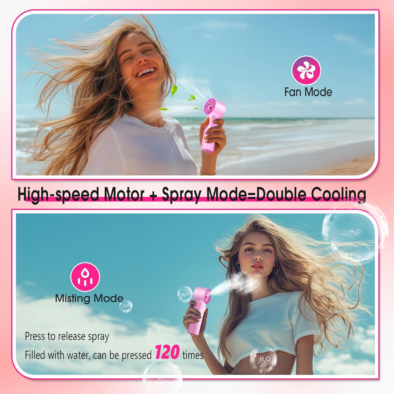 Ausic Portable Handheld Misting Fan, Pink Turbo Fans With Mist, High-Speed, Personal Small Water Spray Fan, Outdoor Cooling Rechargeable Battery Pocket Fans For Kids/Travel/Makeup/Shopping