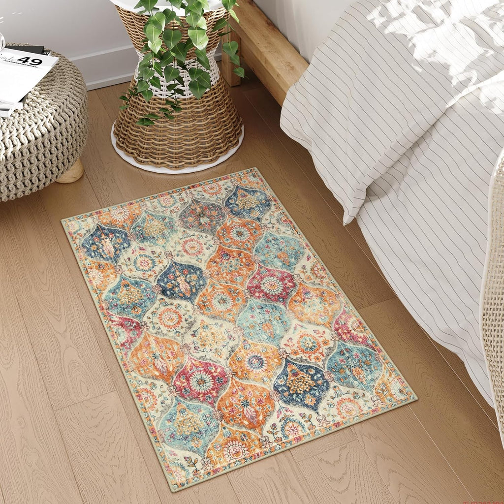 Lahome Moroccan Trellis Washable Rug, 2x3 Kitchen Rugs for Entryway Bathroom, Non-Slip Indoor Door Mat Ultra-Thin, Small Oriental Throw Carpet for Bedroom Entry Elise, Cream/Multi