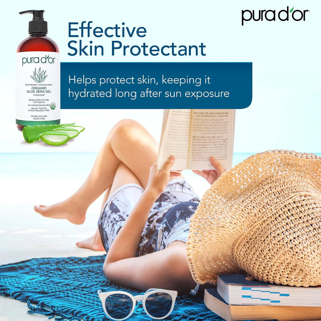 Pura D'Or 16 Oz Organic Aloe Vera Gel - Unscented - All Natural - Zero Artificial Preservatives - Deeply Hydrating & Moisturizing - Sunburn, Bug Bites, Rashes, Small Cuts, Eczema Relief - Skin & Hair