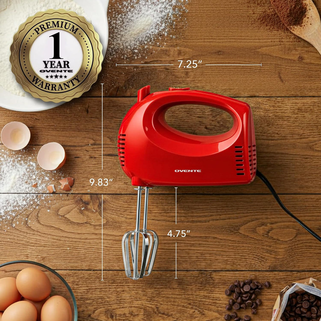 Ovente 5-Speed Corded Electric Hand Mixer With Stainless Steel Whisks, Compact Portable Design With Snap-On Storage Case,150W Lightweight Handheld Mixer For Baking & Cooking, Red Hm151R