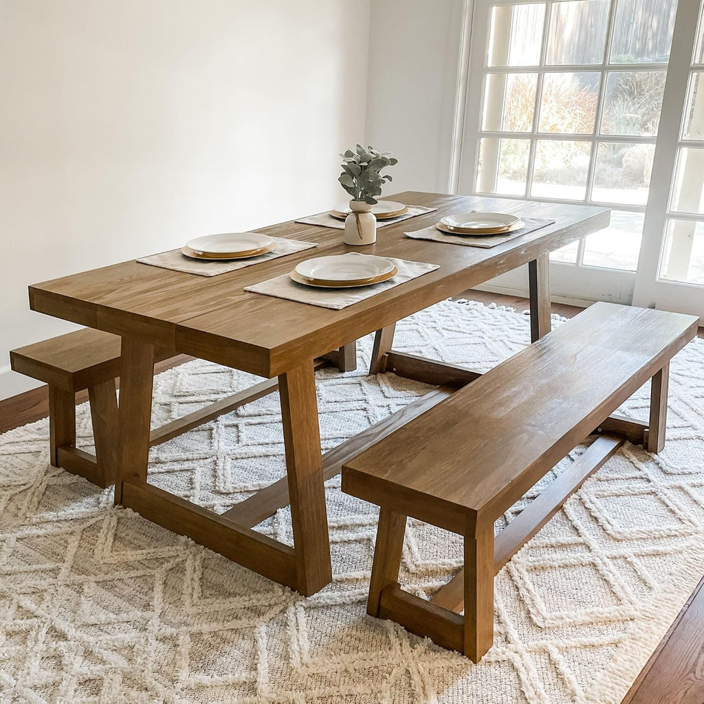 Plank+Beam 72 Inch Farmhouse Dining Table, Solid Wood Rustic Kitchen Table, Large Wooden Rectangular Dinner Table For Dining Room, Home Office, Living Room Furniture, Easy Assembly, Pecan Wirebrush