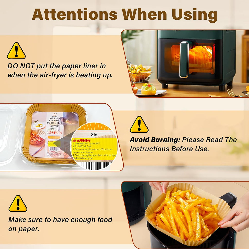 Air Fryer Liners Disposable 125Pcs, 8" Parchment Paper For 5-8Qt, Nonstick | Square Unbleached Airfryer Basket Liners,Oil-Proof, Greaseproof For Baking, Roasting, Microwave, Oven Air Fryer Accessories