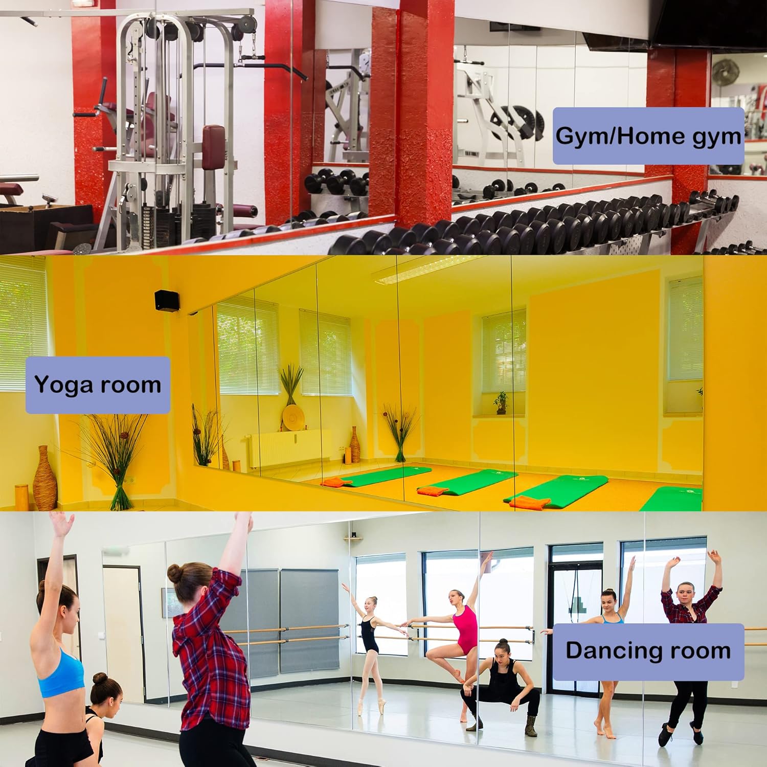 Honyee Home Gym Mirror, 48" x 24" x 3PCS, Wall Mounted Frameless Mirror with Polished Edge, Tempered Glass Mirror, Large Workout Mirror for Home Gym/Yoga Room/Dancing Room and More (48" x 24", 3PCS)