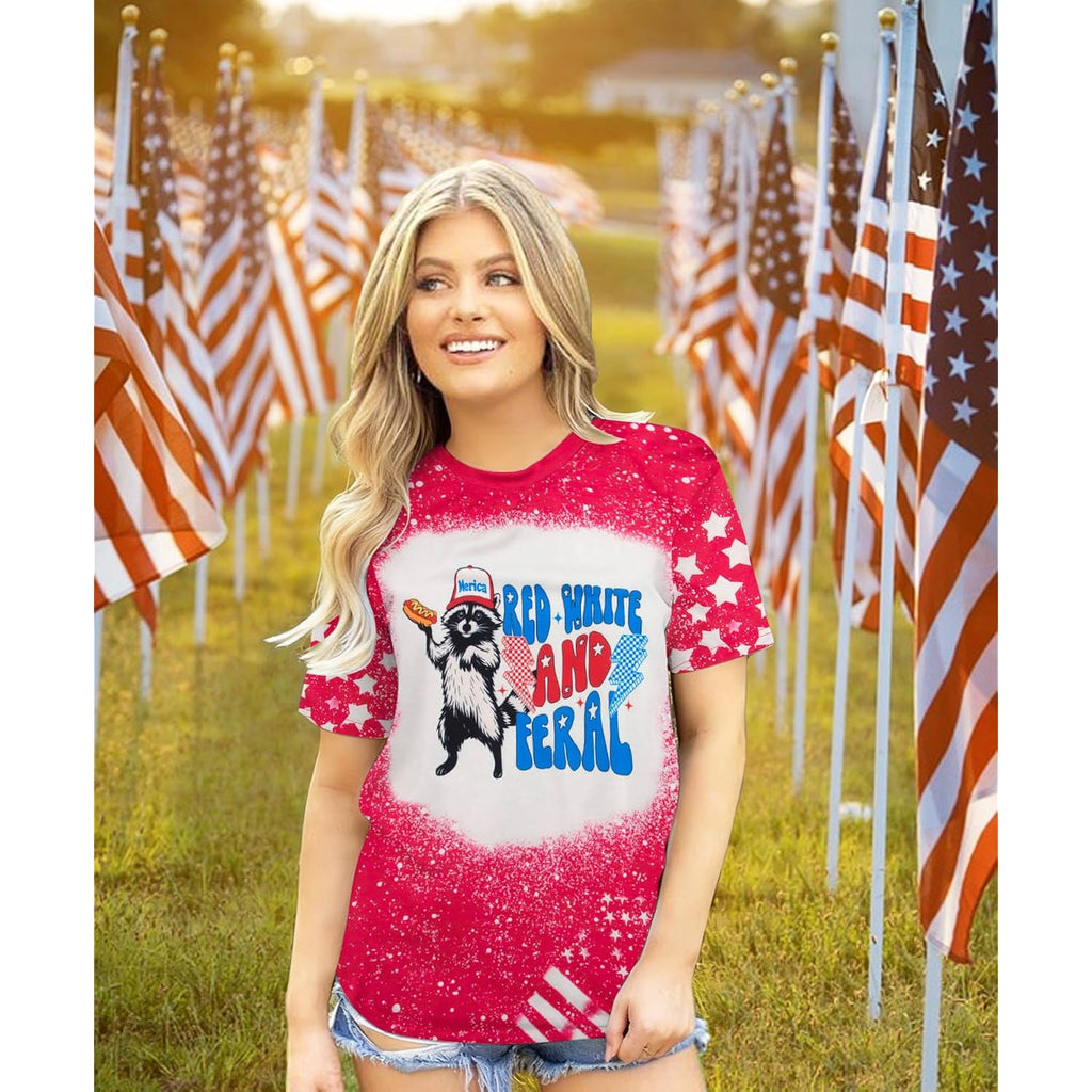 Women Red White and Blue Shirts Funny 250 Anniversary USA Raccoon T-Shirt America Patriotic Tee Tops
