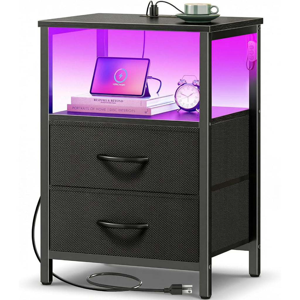 Huuger Night Stand With Charger Station And Led Lights, 2 Drawer Nightstand, Bed Side Table With Open Shelf, End Table, Fabric Drawers For Bedroom, Black