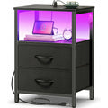 Huuger Night Stand With Charger Station And Led Lights, 2 Drawer Nightstand, Bed Side Table With Open Shelf, End Table, Fabric Drawers For Bedroom, Black
