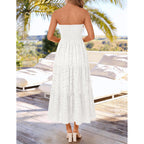 Zesica Womens 2026 Summer Boho Strapless Midi Dresses Off Shoulder Smocked Eyelet Wedding Guest Beach Long Dress Pockets