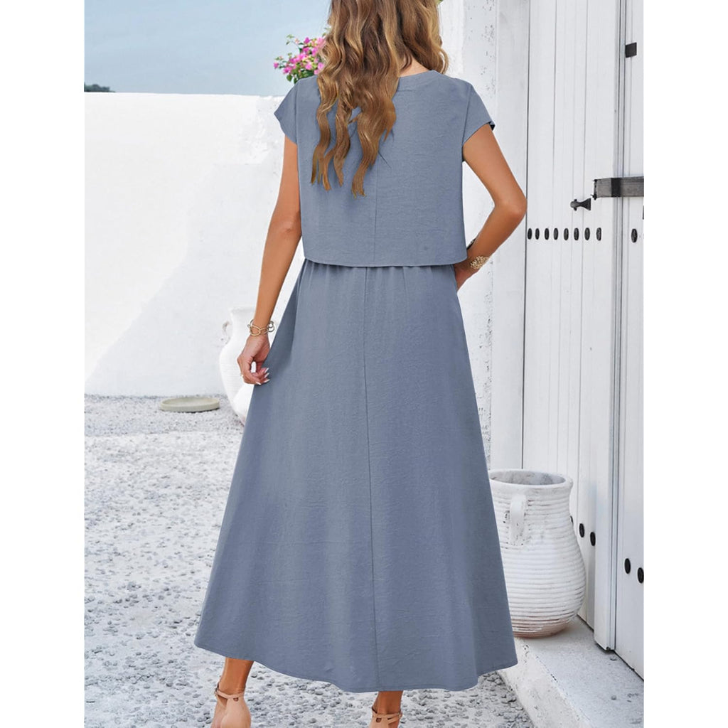 Womens 2 Piece Outfits Skirt Set Summer Casual Cap Sleeve Crop Tops Maxi Dress Sets With Pockets