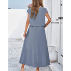 Womens 2 Piece Outfits Skirt Set Summer Casual Cap Sleeve Crop Tops Maxi Dress Sets With Pockets