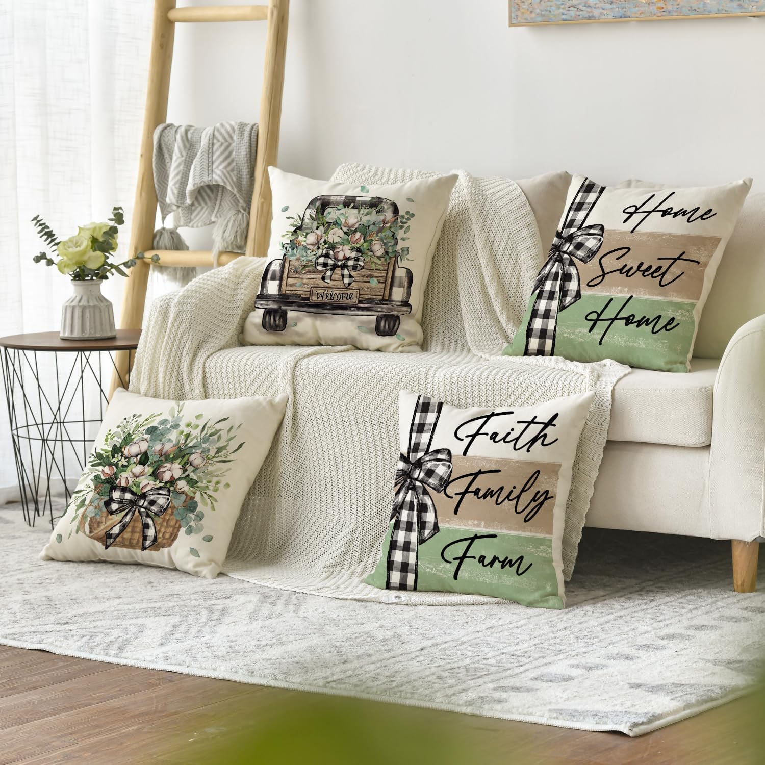 AVOIN colorlife Home Sweet Home Farmhouse Eucalyptus Leaves Throw Pillow Covers, 18 x 18 Inch Truck Stripes Buffalo Plaid Cushion Case Decorations Set of 4
