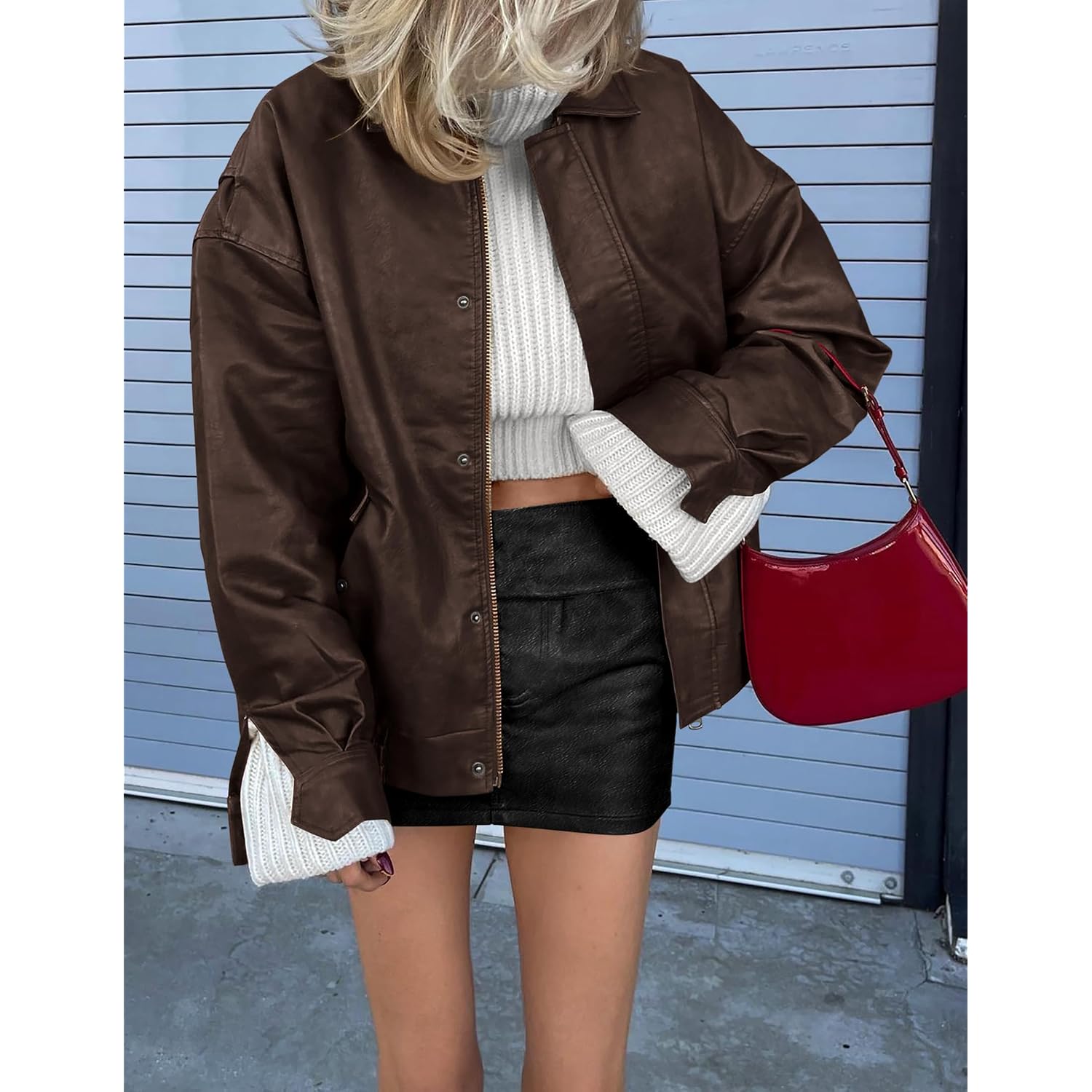 Prettygarden Women'S Faux Leather Motorcycle Jacket Trendy Fall Spring Clothes Oversized Zip Up Winter Coat Outerwear