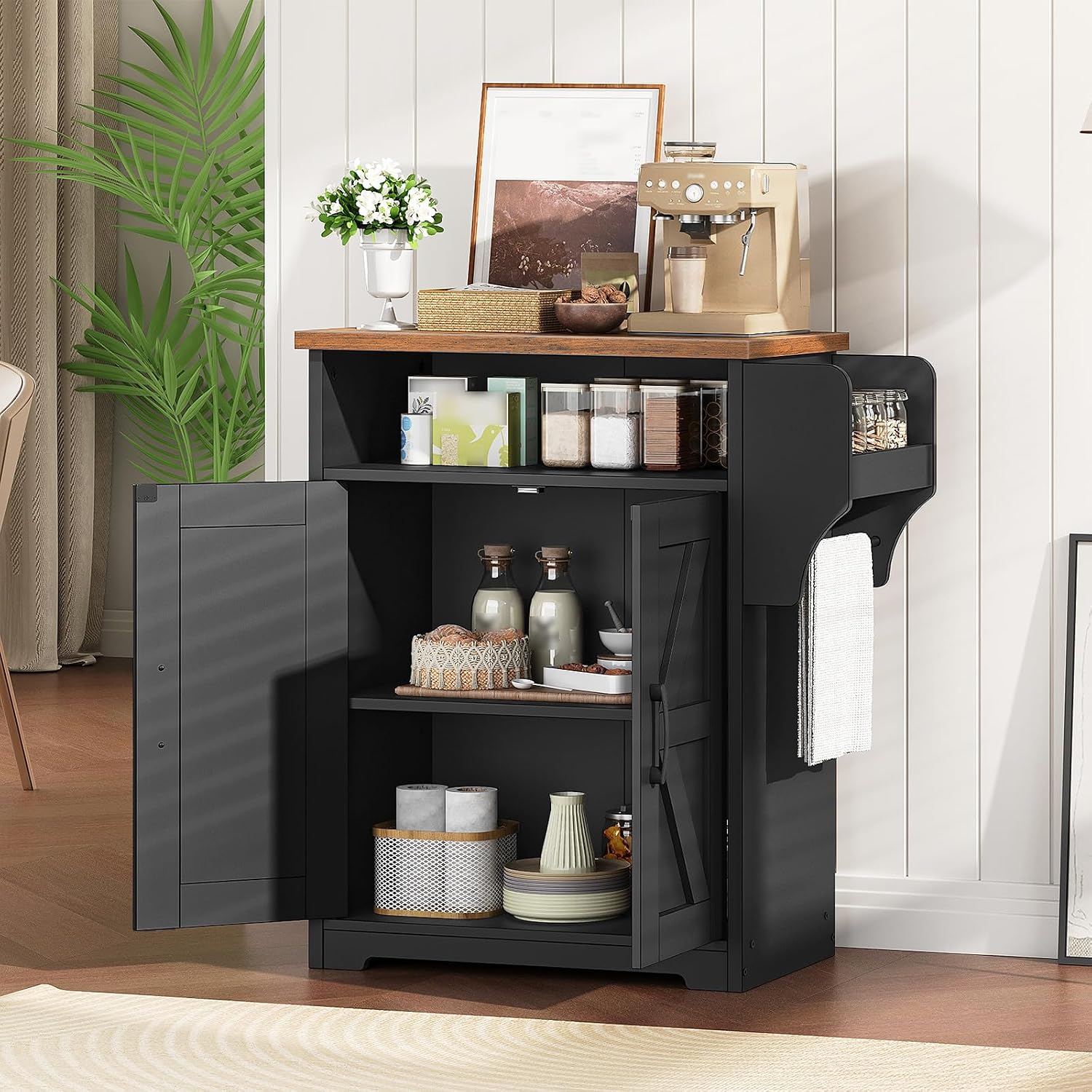 Coffee Bar Cabinet, Kitchen Island With Storage, Farmhouse Sideboard Buffet Cabinet With Dual-Purpose Floating Shelf And Hooks, For Restaurant, Living Room, Rustic Brown Kf22Br