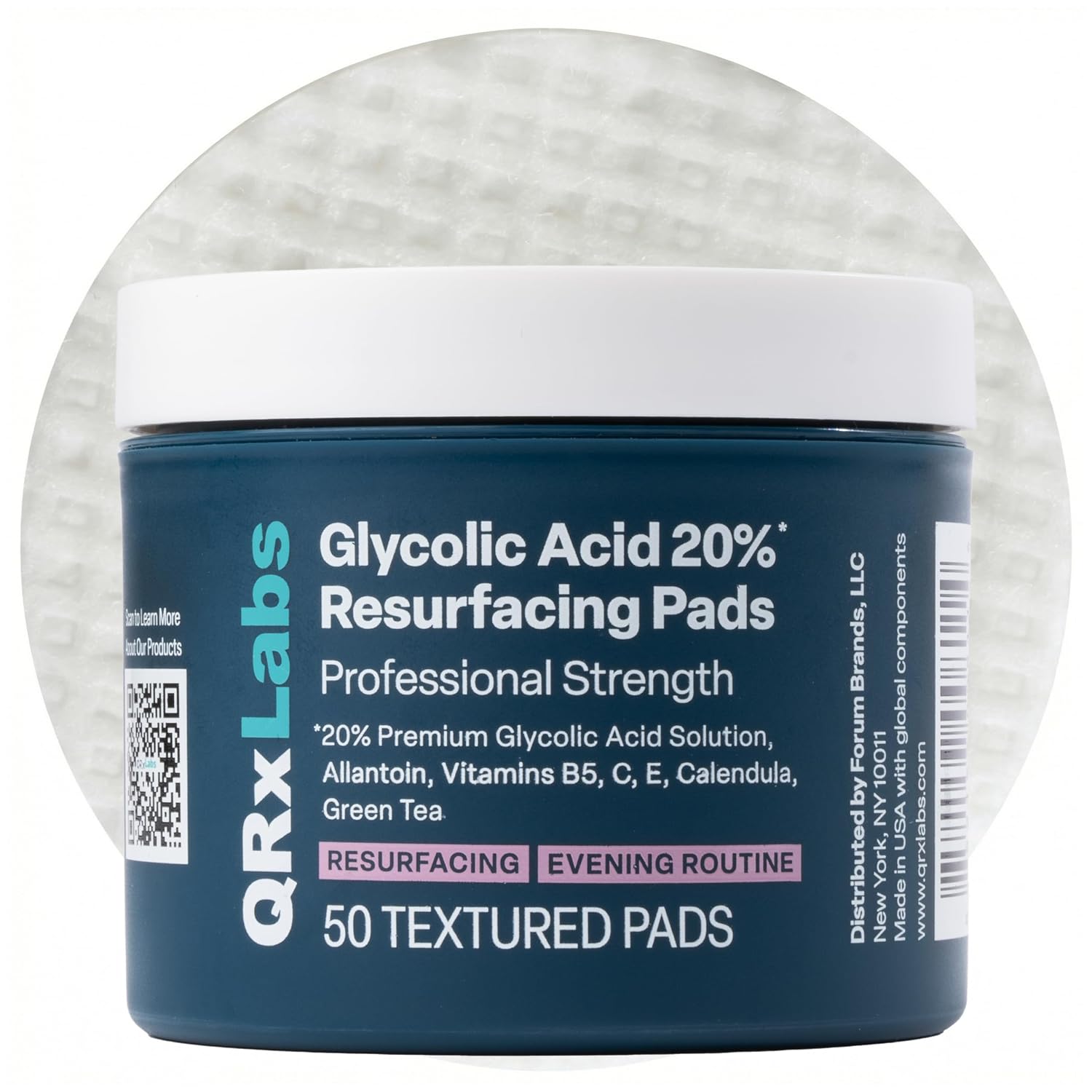 Qrxlabs Glycolic Acid Pads - 20% Resurfacing Pads Aha For Face & Body - Exfoliates Skin Surface And Reduces Appearance Of Fine Lines And Wrinkles - Acne Treatment Clearing - Daily Pads - 50Ct