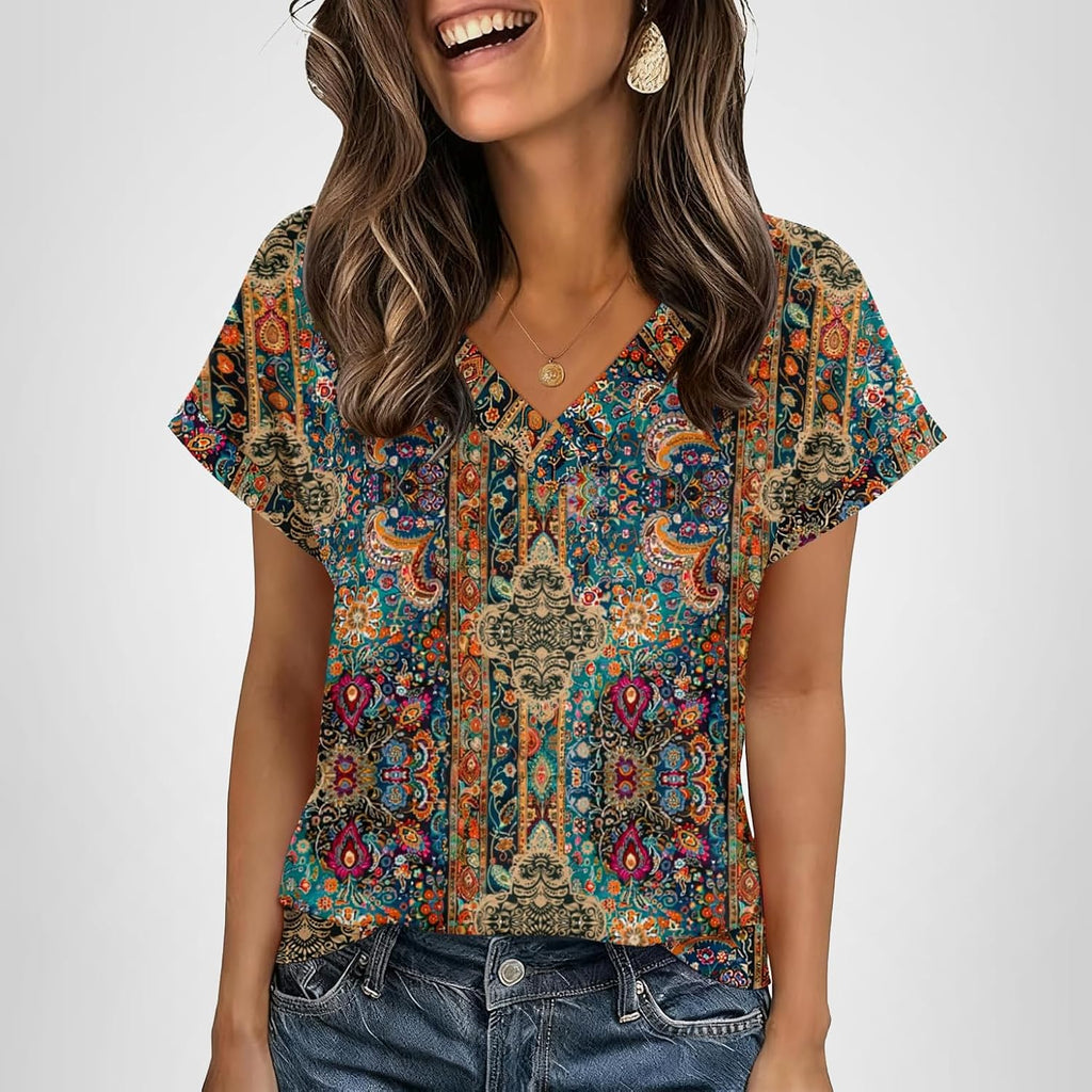 Zeagoo Womens Summer Tops Rolled Short Sleeve V Neck Shirts Casual Dressy Business Work Blouses Outfits Boho-mz721
