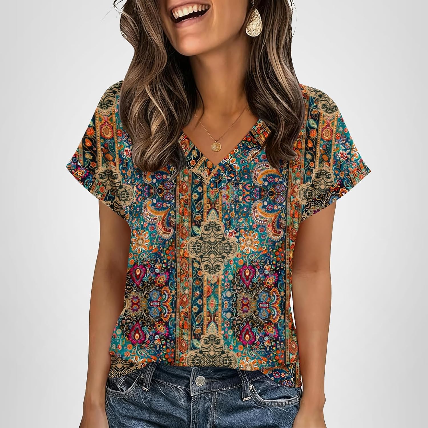 Zeagoo Womens Summer Tops Rolled Short Sleeve V Neck Shirts Casual Dressy Business Work Blouses Outfits Boho-mz721